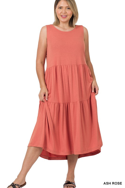 PLUS SLEEVELESS TIERED MIDI DRESS
