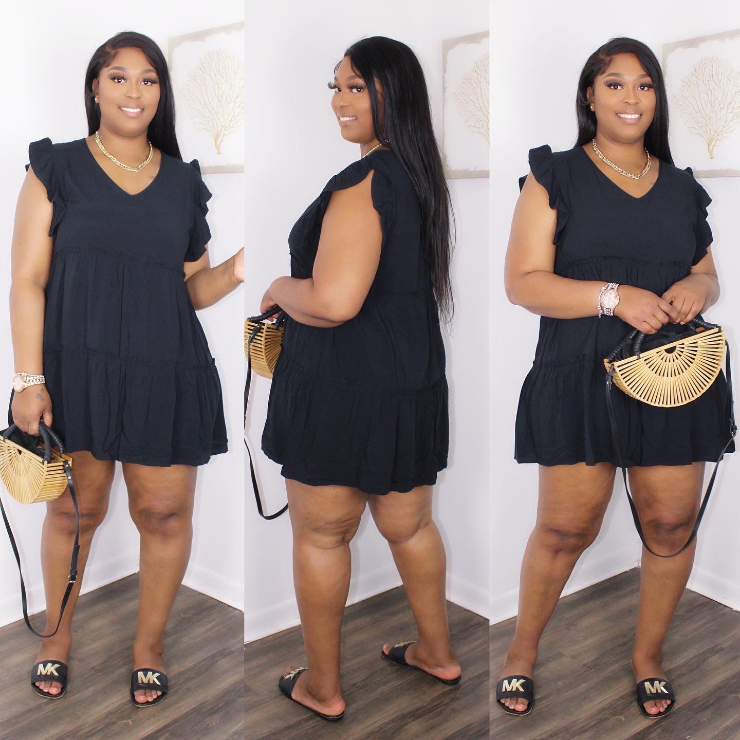 Plus Size V-Neck Frill Trim Mini Dress